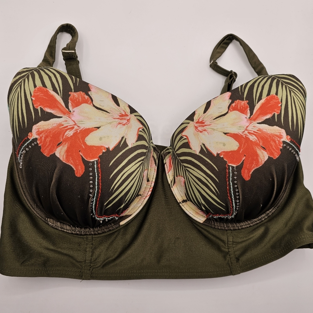 Cacique balconette swimsuit Bikini top green floral Tropical Resort